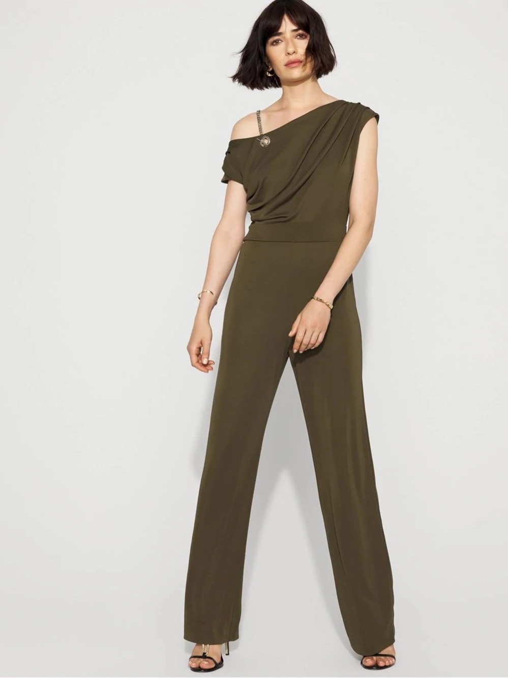 White House Black Market Olive Draped Wide-Leg Jumpsuit